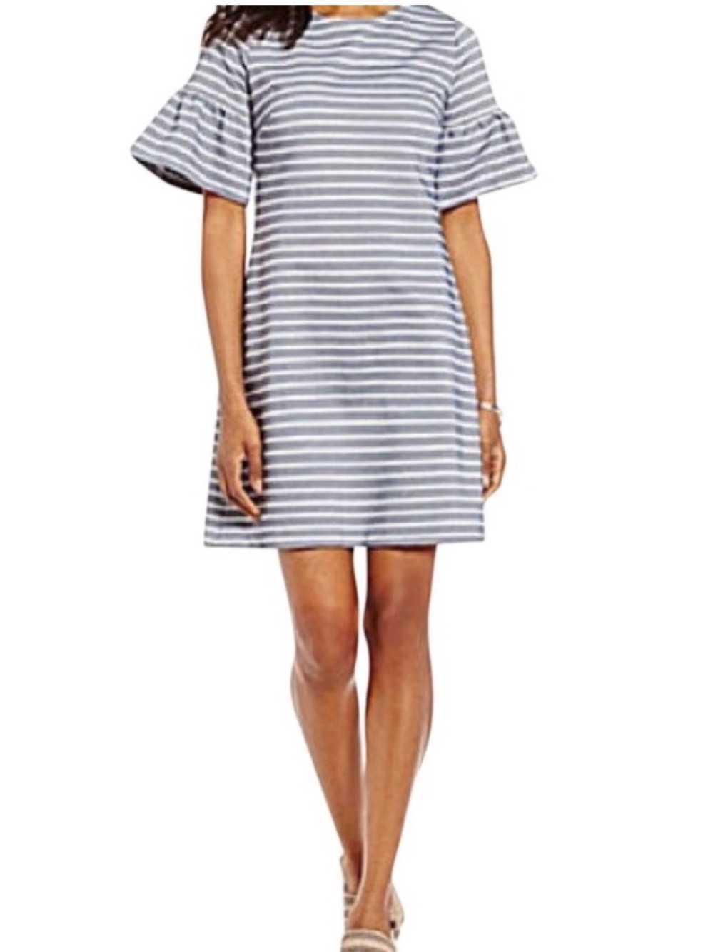 Ivanka Trump Blue and White Striped Ruffle Sleeve Shift Dress